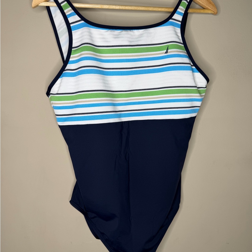 Nautica Navy One-Piece Swimsuit with Blue, Green & White Striped Size 14